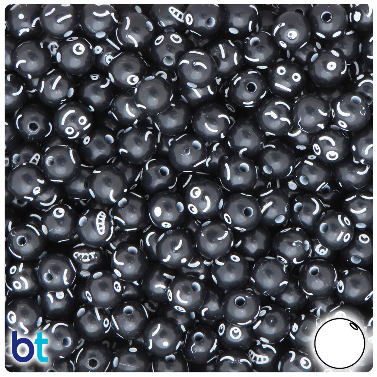 BeadTin Black Opaque 8mm Round Plastic Alpha Beads - White Faces (200pcs)